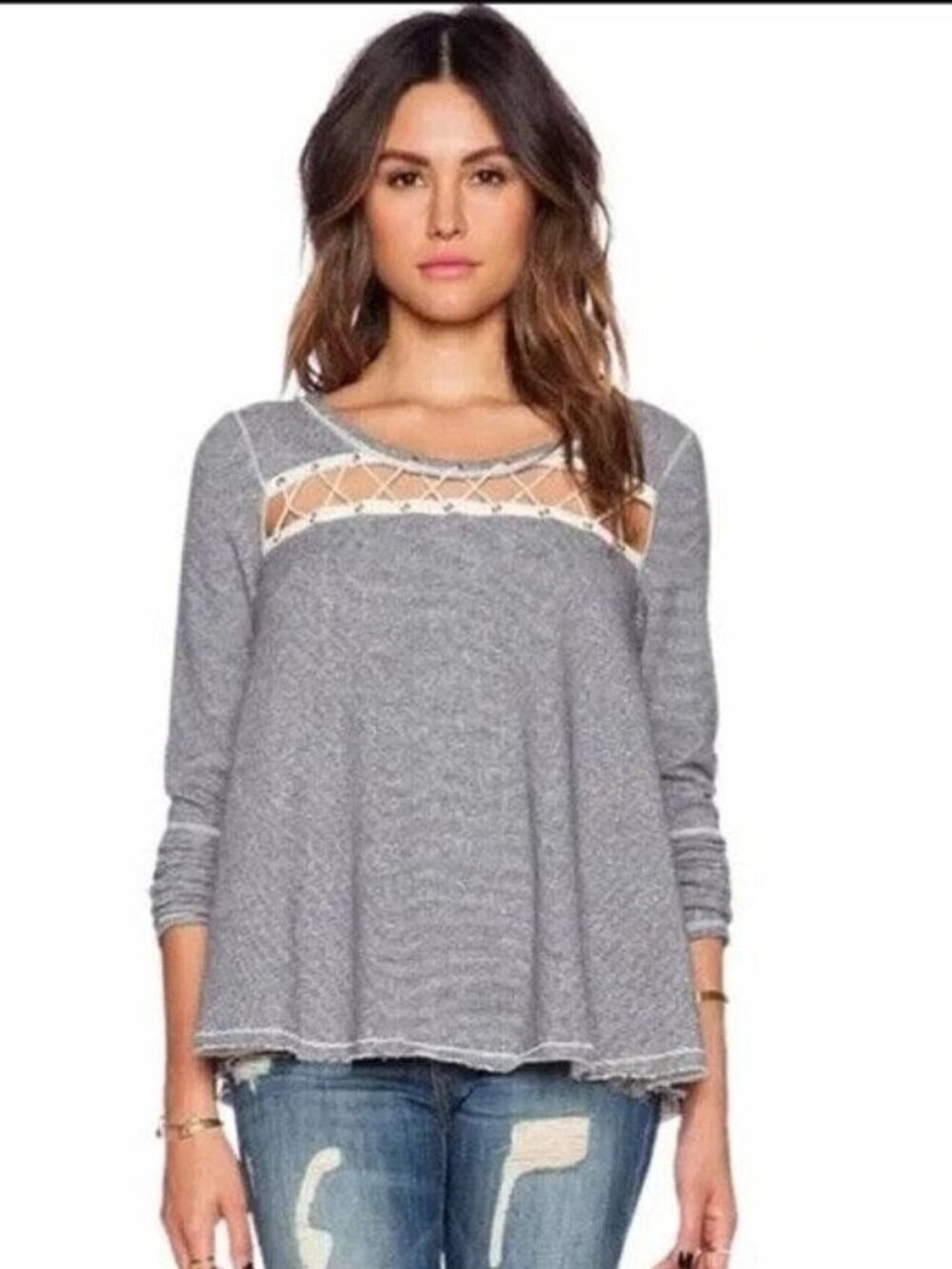 Free People Gray Striped Lacey Love Top Size XS
